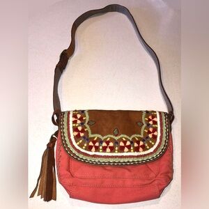 New Lucky Brand Sunset Embroidered Tan Leather Crossbody Bag in Melon